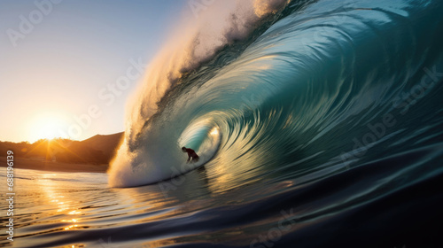 Surfer riding a long wave light play on water surface adding drama © javier