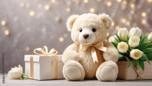 Cute funny teddy bear toy, with a gift box with a bow, with bouquets of tulip flowers birthday