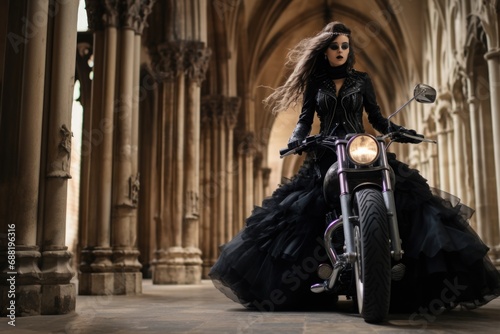 Gothic bride on a motorcycle inside the Cloister of a Gothic Cathedral