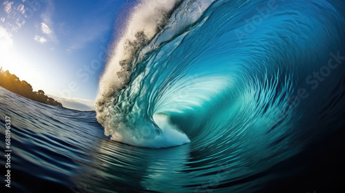Surfer inside powerful wave barrel intense focus captured in high resolution