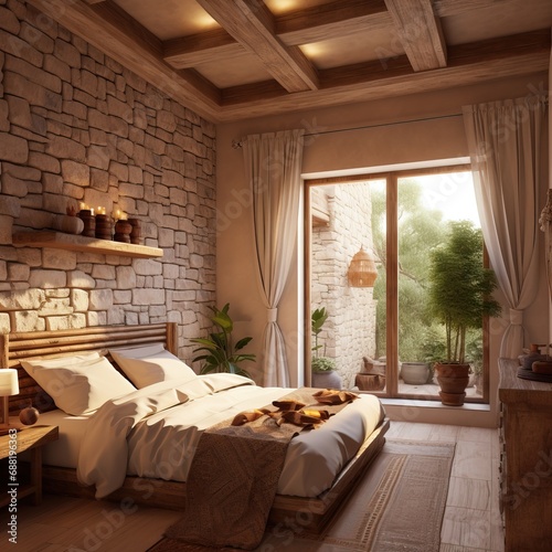 The interior design of loft bedroom and red brick texture wall and sea view / 3D rendering new scene © Ibad