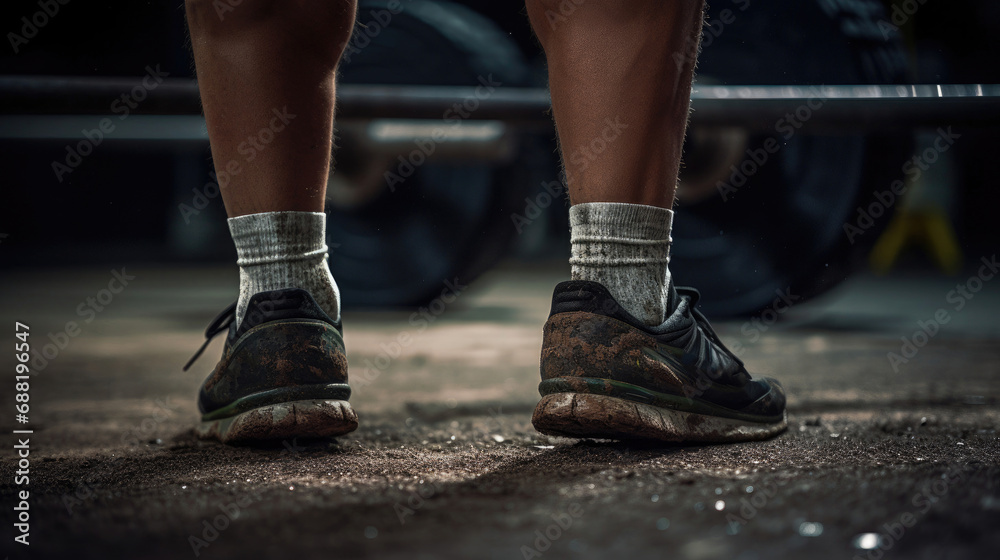 Weightlifter's feet firmly planted determination in stance gym texture detail Weightlifter's feet firmly planted determination in stance gym texture detail