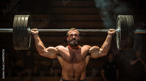 Weightlifter in snatch barbell mid-air contrasting gym background