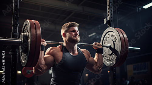 Intense weightlifting scene body against weight bright gym setting photo