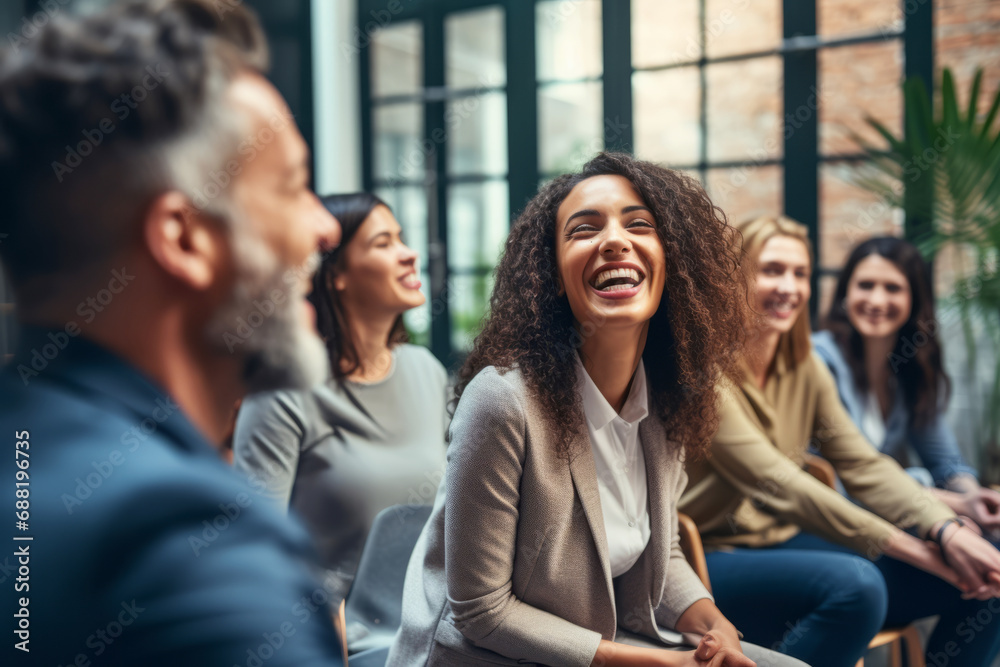 Obraz premium A coach or group leader telling a funny story or joke that makes everyone laugh.generative ai