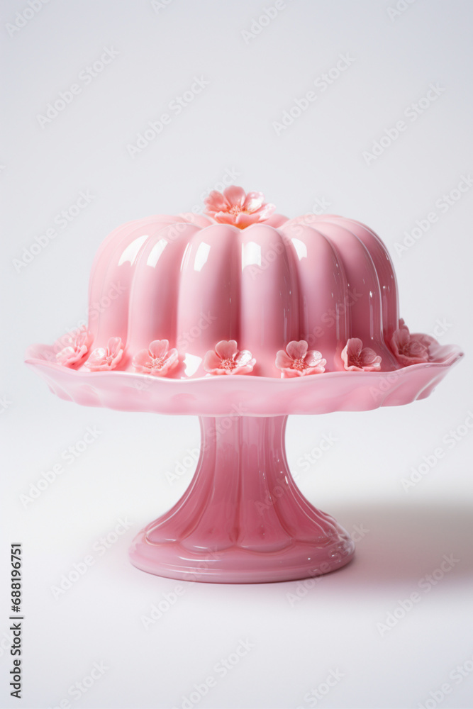ale pink blancmange victorian mould on white ceramic pedestal plate against white wall front facing ale pink blancmange victorian mould on white ceramic pedestal plate against white wall front facing
