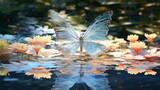 A 3d abstraction butterfly with iridescent wings resting by a tranquil garden pond, surrounded by water lilies.