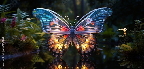 A 3d abstraction butterfly with iridescent wings, captured in flight above a garden pond. © insta_shorts 