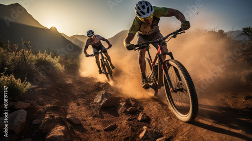 Two mountain bikers racing down a rocky descent dust trailing