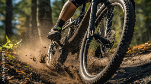Mountain biker in close-up focused on a challenging trail section