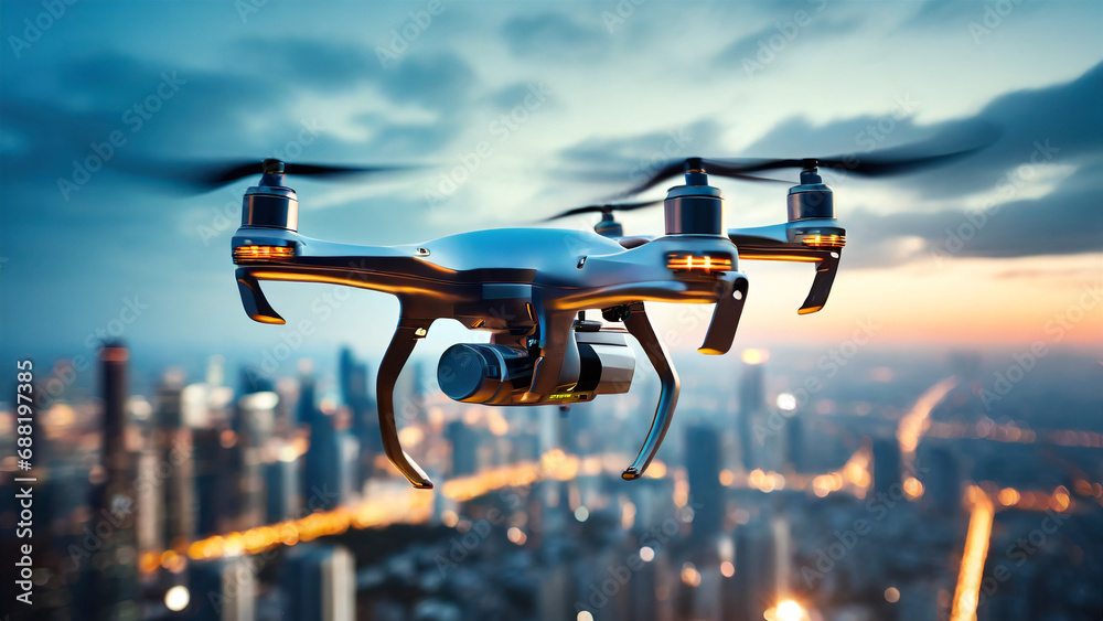 Autonomous drone flying above skyscrapers at night in future city Autonomous drone flying above skyscrapers at night in future city