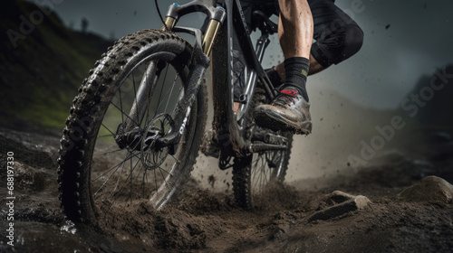 Mountain biker's feet pedaling hard trail and bike details visible