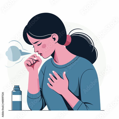 woman coughing holds chest vector illustrations on white background