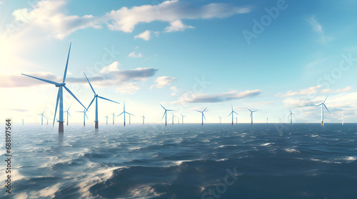 Wind turbines gently spinning in the background of sea. Renewable energy or Green energy. Banner.