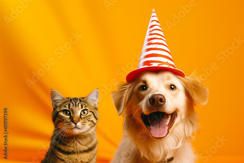 A dog in a festive cap and a cat on a bright yellow background.