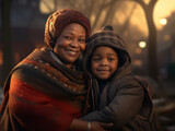 black grandmother with black granddaughter on the street, sunny weather.