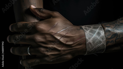 Close-up of boxer's meticulously wrapped hands symbolizing dedication © javier