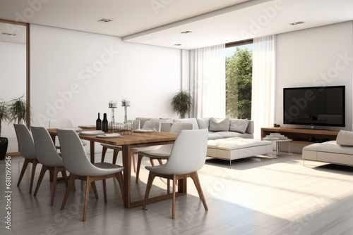 Modern living room with wall and built-in TV and table with chairs.generative ai © Ivan