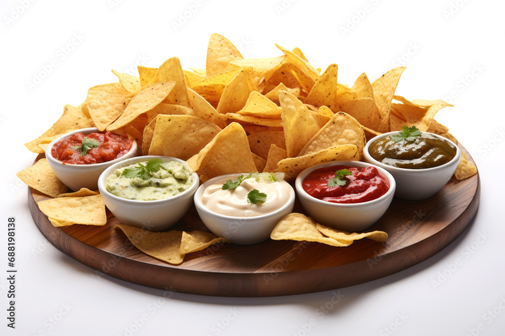 Triangular nachos corn chips with various sauces in small glass bowls on wooden tray, set and snack for movie night isolated on white background.generative ai Triangular nachos corn chips with various sauces in small glass bowls on wooden tray, set and snack for movie night isolated on white background.generative ai
