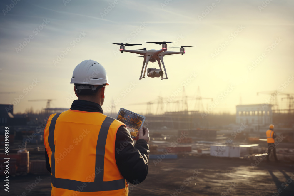 Engineer in white protective helmet controlling drone for aerial construction inspection at project construction site. Using drones and new technologies in construction.generative ai - obrazy, fototapety, plakaty 