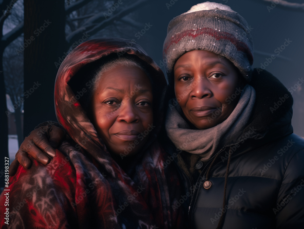 Fototapeta premium black grandmother with black granddaughter on the street, sunny weather.