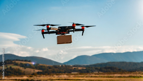 A beautiful landscape with green fields, mountains, and a blue sky, featuring a drone carrying a box, highlighting the coexistence of nature and advanced technology, Hyper realistic photo.