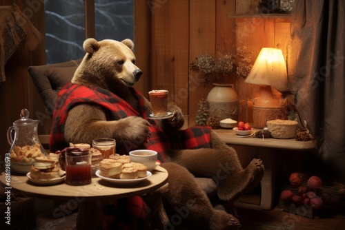 Bear enjoying drink, sitting in armchair with blanket, beside fireplace. In a warm room, a bear relaxes in a chair near the fireplace.