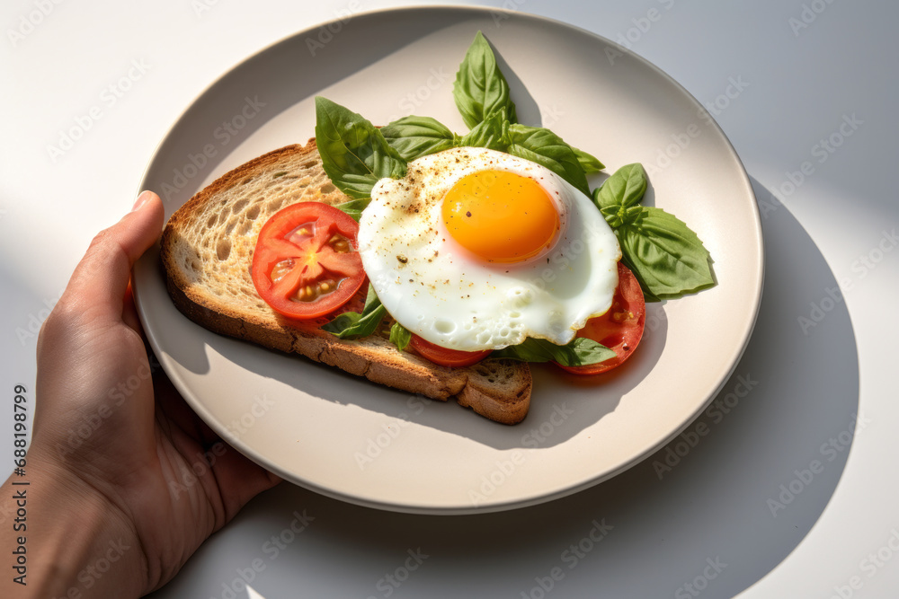 A slice of white bread with a fried egg, tomatoes and fresh basil on a plate held by a man on a light table.generative ai