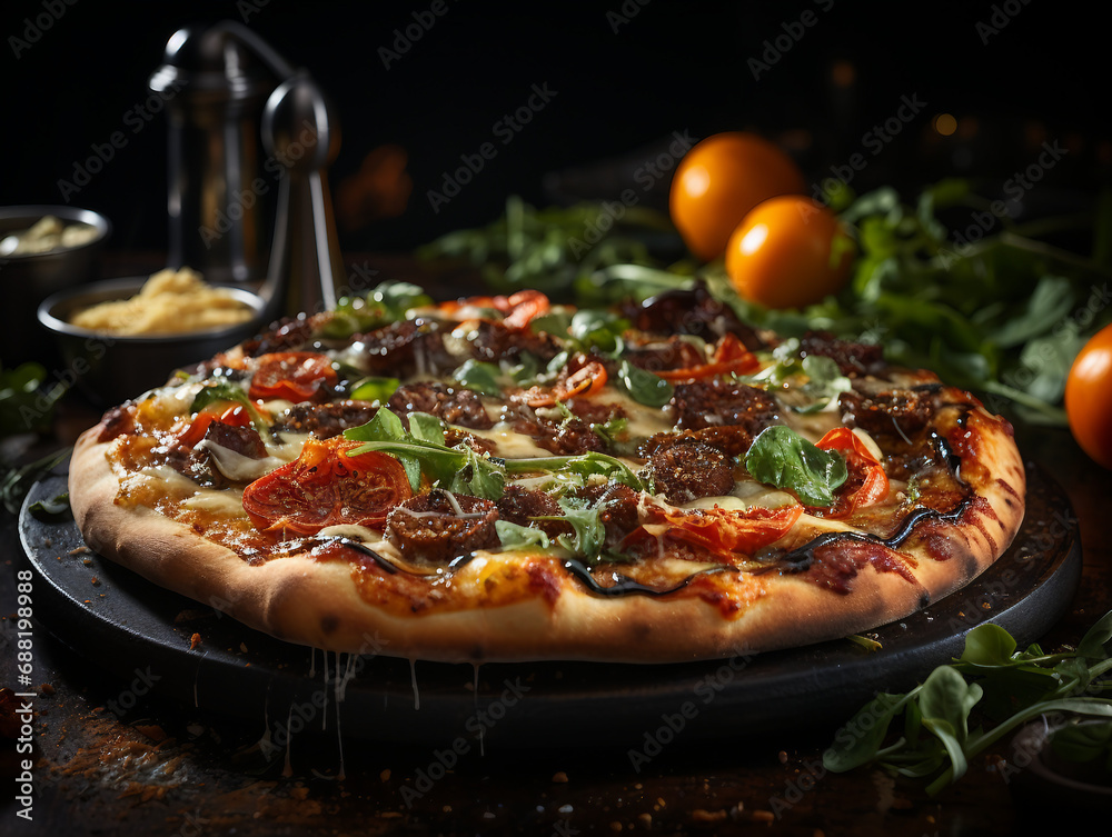 Supreme Handcrafted Pizza with Charred Peppers, Artisanal Sausage, and Fresh Greens in Rustic Setting