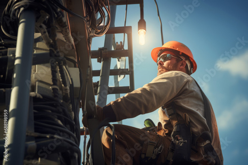 A worker uses climbing equipment to scale a utility pole or utility pole. Electrician in protective helmet and glasses on a pole with wires, close up view.generative ai photo