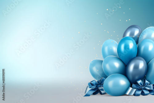Beautiful semi-blank blue birthday or Christmas background with balloons on the right side with space for text or inscriptions and product.Product place.generative ai photo