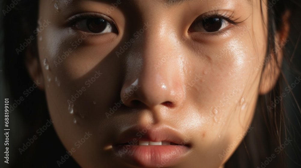 A close up of a woman with a face full of water. Generative AI.