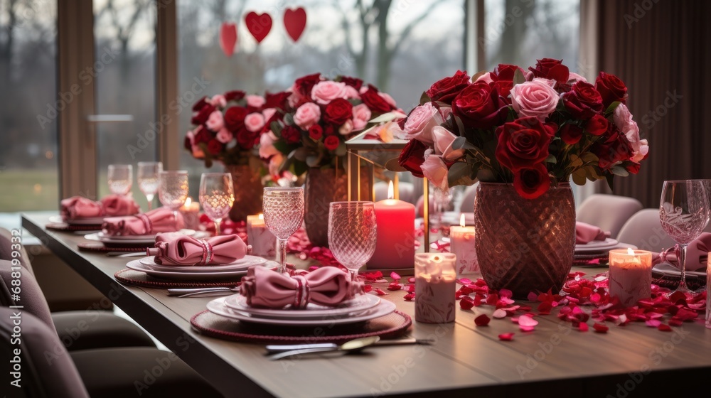 A dining room decorated with heart-shaped napkins, tablecloth,
