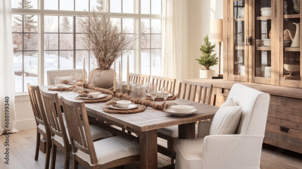 A dining room with a rustic farmhouse table and wintery centerpieces,