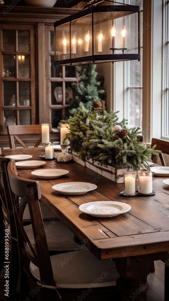 A dining room with a rustic farmhouse table and wintery centerpieces,