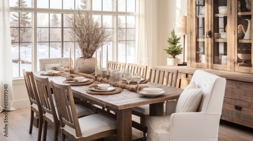 A dining room with a rustic farmhouse table and wintery centerpieces,