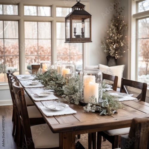 A dining room with a rustic farmhouse table and wintery centerpieces, © olegganko
