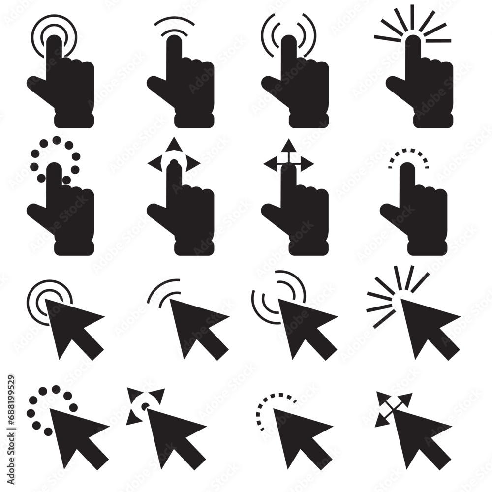 pointer click icon set of 16, Computer mouse click cursor. Load symbol