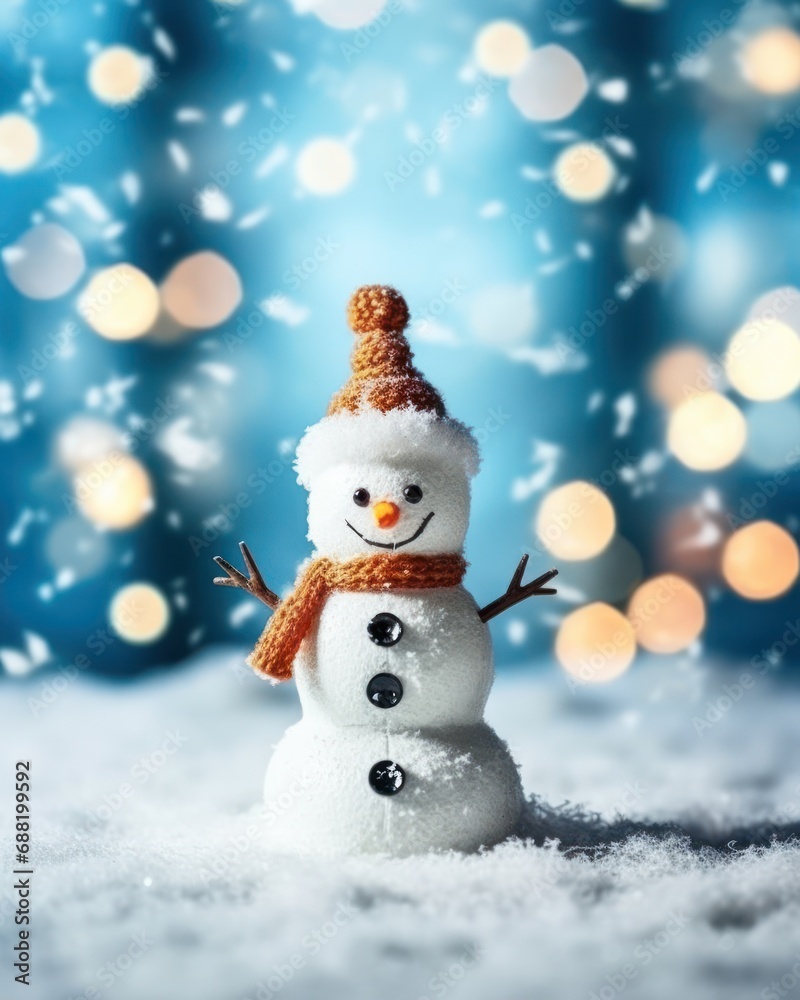 Happy snowman standing in Christmas landscape. Snow background. Winter fairytale