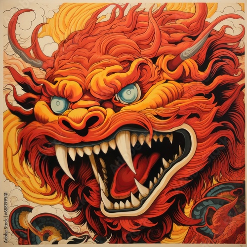 A fierce red and black Chinese dragon,