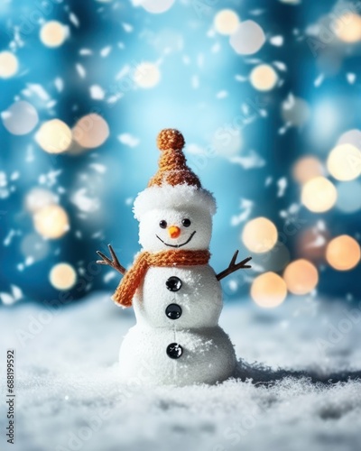 Happy snowman standing in Christmas landscape. Snow background. Winter fairytale