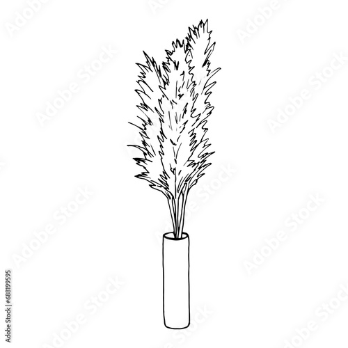 Wild dried flower vase vector silhouette. Hand drawing line art illustration home flower. Trendy decor doodle sketch botanical isolated elements