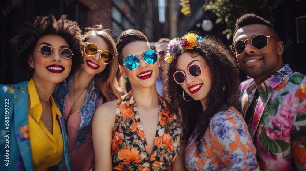 A group of stylish friends pose for a fun photo at a spring party,