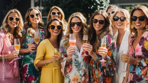 A group of stylish friends pose for a fun photo at a spring party,