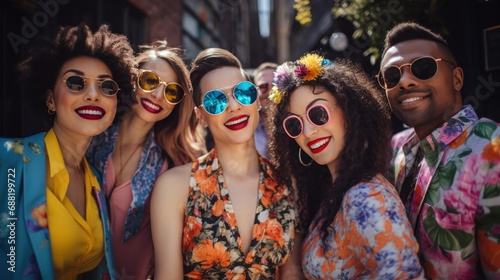 A group of stylish friends pose for a fun photo at a spring party, © olegganko