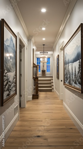 A hallway adorned with winter-themed artwork and decor,