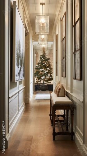 A hallway adorned with winter-themed artwork and decor,