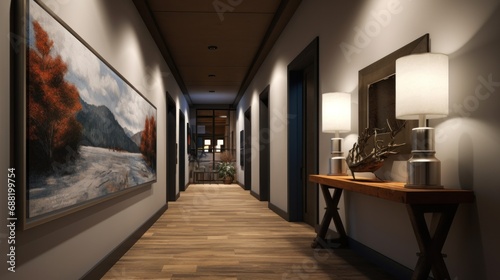 A hallway adorned with winter-themed artwork and decor,