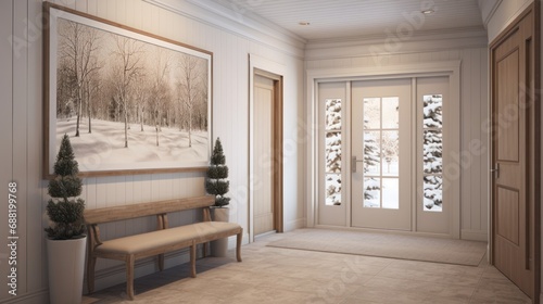 A hallway adorned with winter-themed artwork and decor,