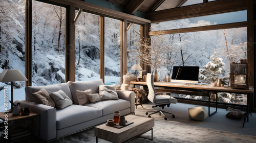 A home office with a view of a snowy landscape, © olegganko